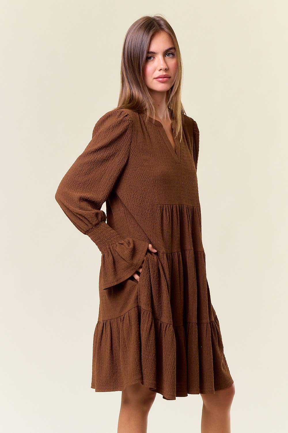 CUFF PUFF LONG SLEEVE TIERED MINI DRESS