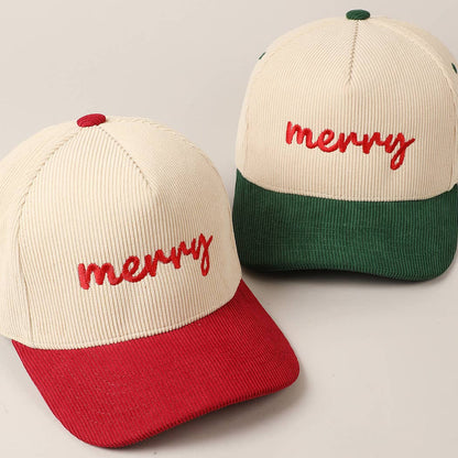 Merry Text Embroidery Two-Tone Corduroy Cap