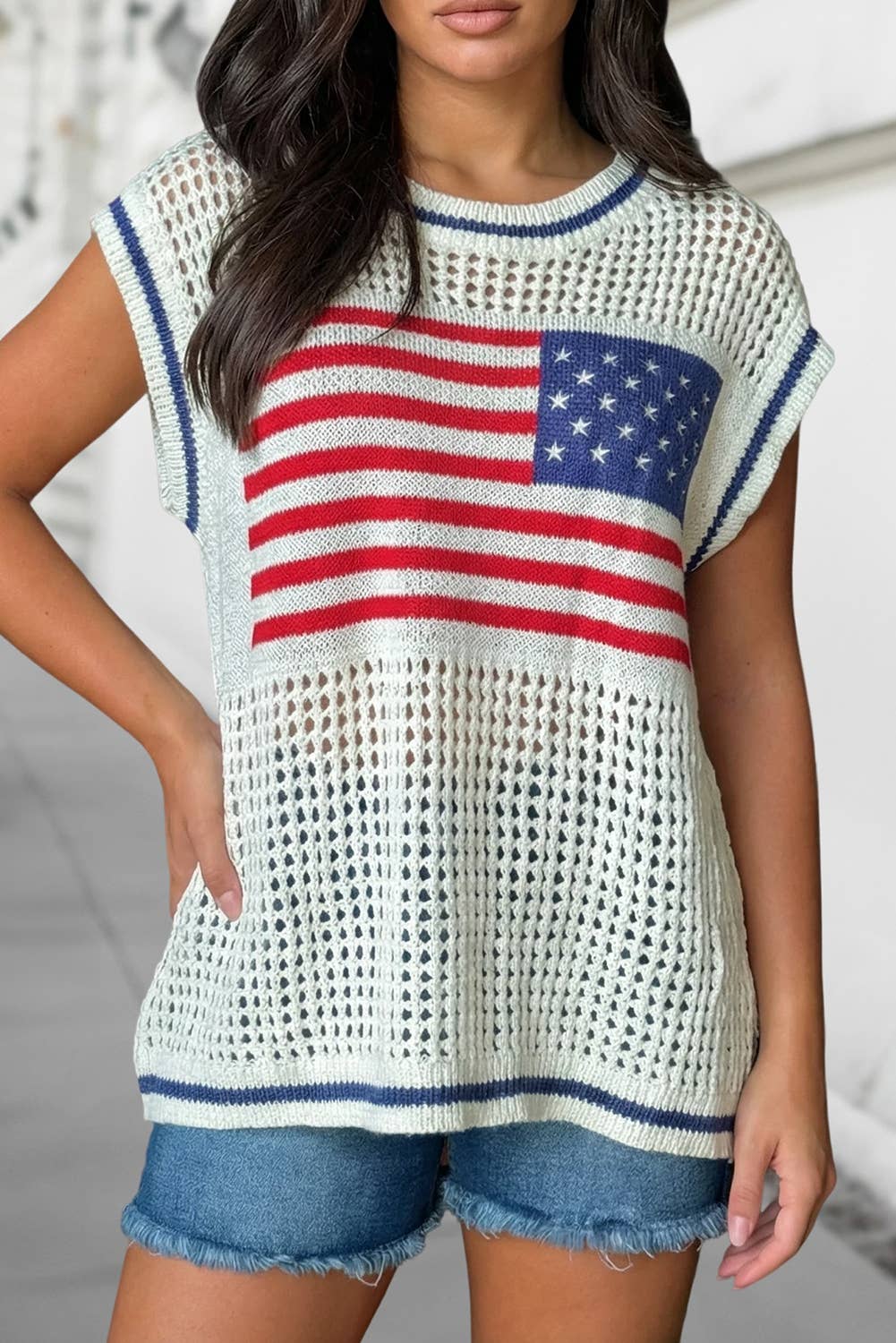 USA Flag Eyelet Knitted Cap Sleeve Sweater Top