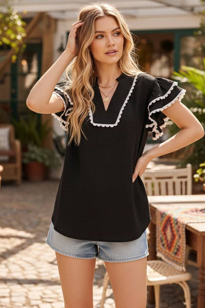 Game day Ruffle Sleeve Scallop Trim Top