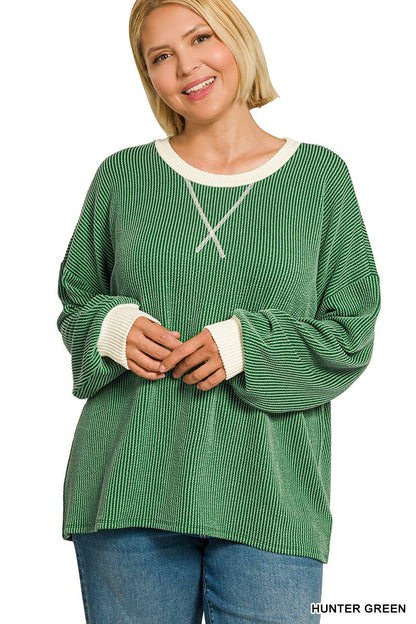 Plus Raised Rib Round Neck Pullover