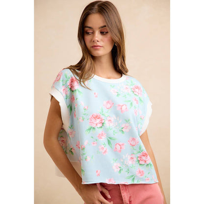 FLORAL PRINTED TERRY OPEN BACK SLEEVELESS TOP