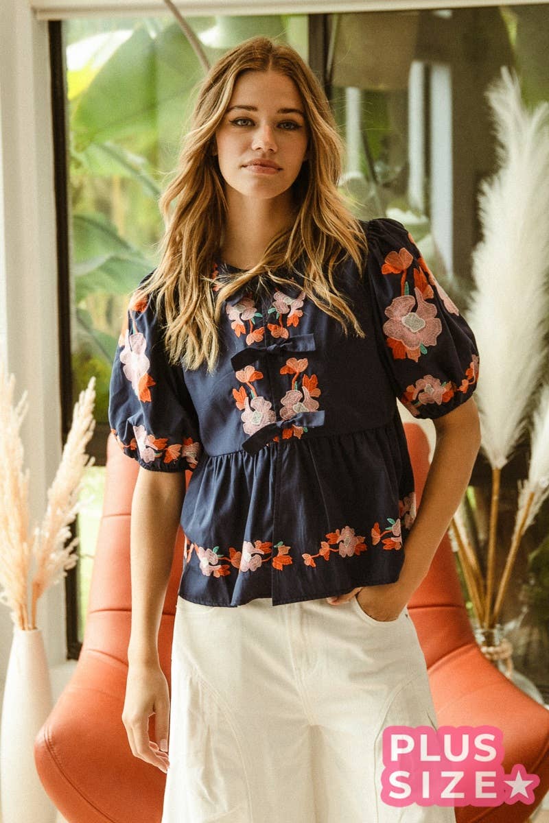 Plus Size BOW RIBBON PUFF SLEEVE TOP WITH EMBROIDERY