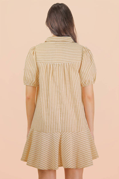 ND32029-Stripe Puff Sleeve Shirt Mini Dress