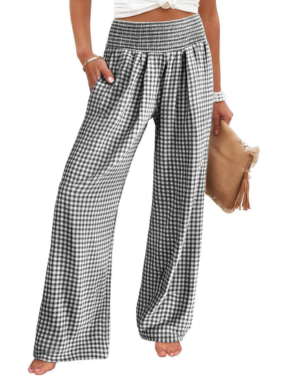 Women's Casual Plaid Elastic Waist Wide Leg Pants