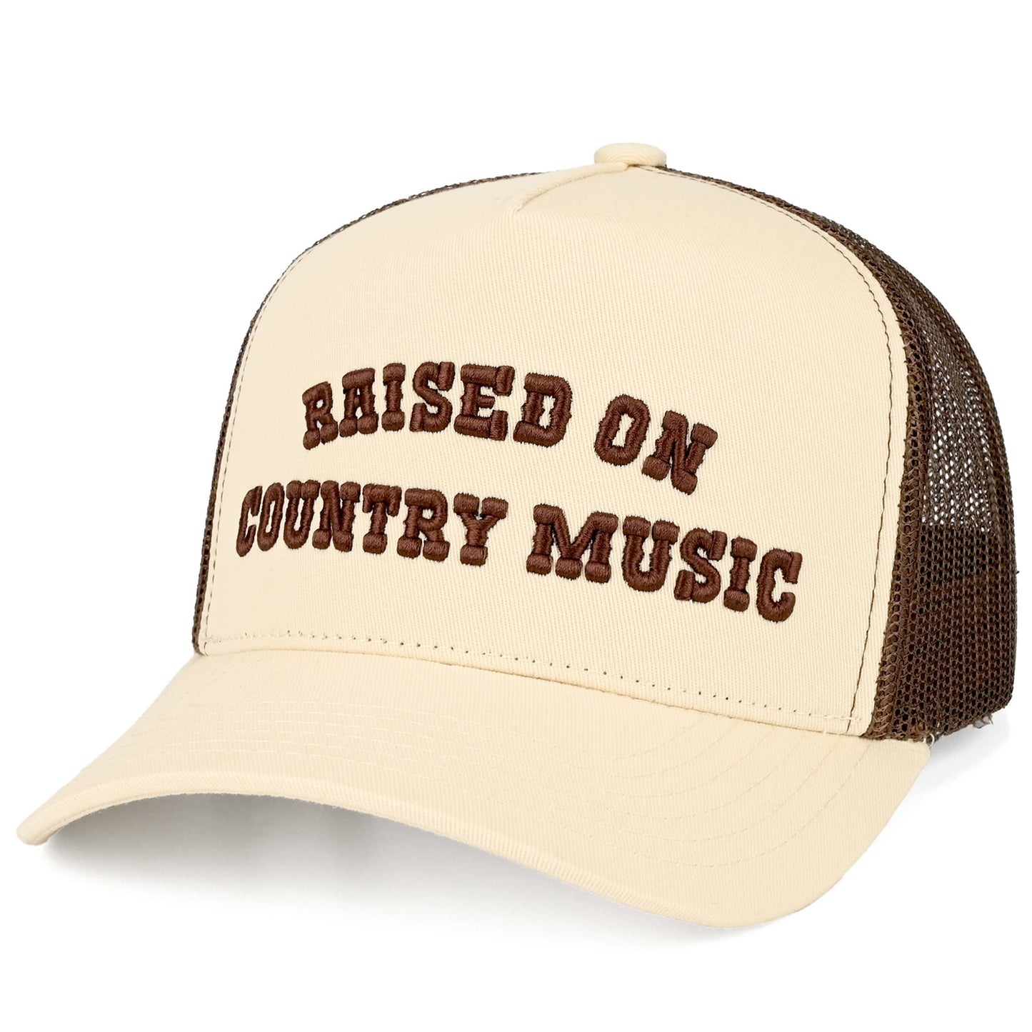 C.C RAISED ON COUNTRY MUSIC Letter on Two Tone Trucker Hat