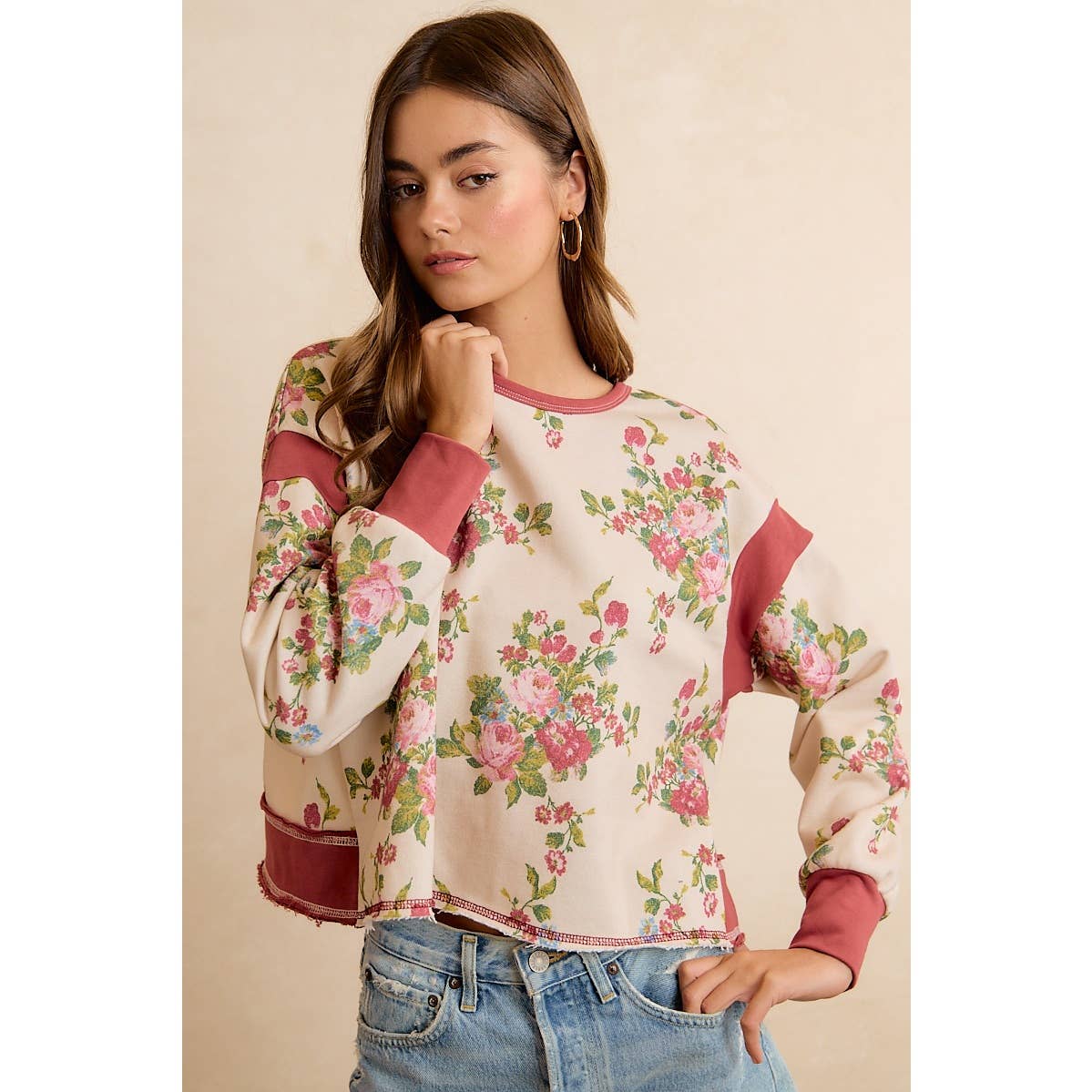FLORAL BRUSHED OPEN BACK LONG SLEEVES TOP