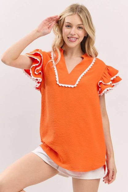 Game day Ruffle Sleeve Scallop Trim Top
