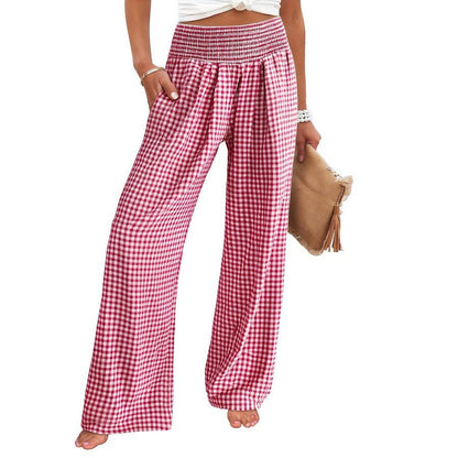 Women's Casual Plaid Elastic Waist Wide Leg Pants