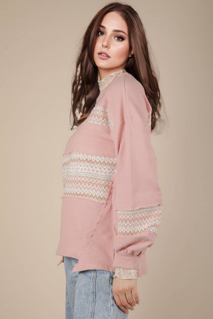 NT11784-Oversized Printed Knit Contrast Knit Top