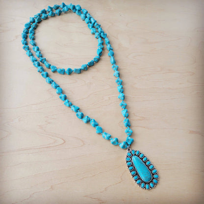 Long Western Turq Beaded Necklace w/Squash Blossom Pendant