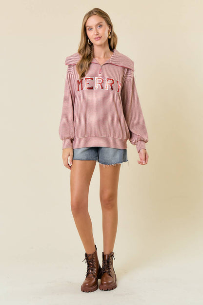 Sequin MERRY Patched Half Zip-Up Stripe Sweatshirt
