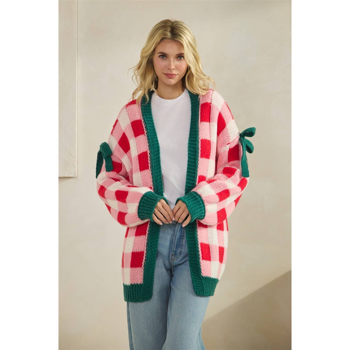 Checkered Cardigan with Ribbon Details