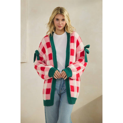 Checkered Cardigan with Ribbon Details