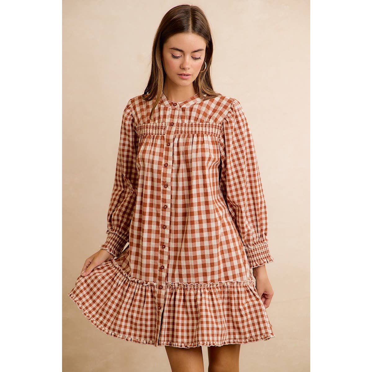 GINGHAM SMOCKED RUFFLE HEM MINI DRESS