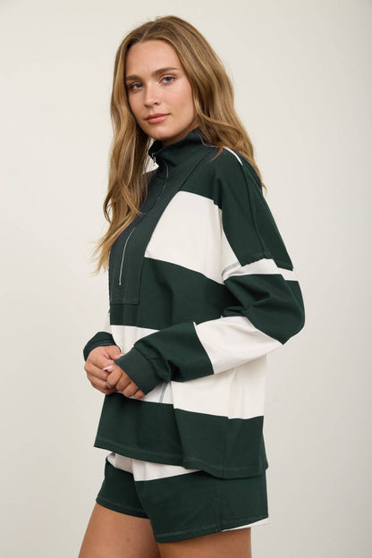 WIDE STRIPE HALF ZIP LONG SLEEVE KNIT SHORT SET