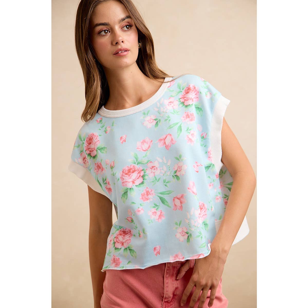 FLORAL PRINTED TERRY OPEN BACK SLEEVELESS TOP