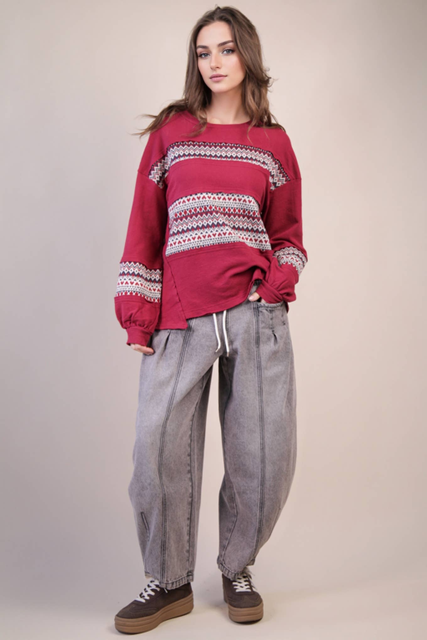 NT11784-Oversized Printed Knit Contrast Knit Top