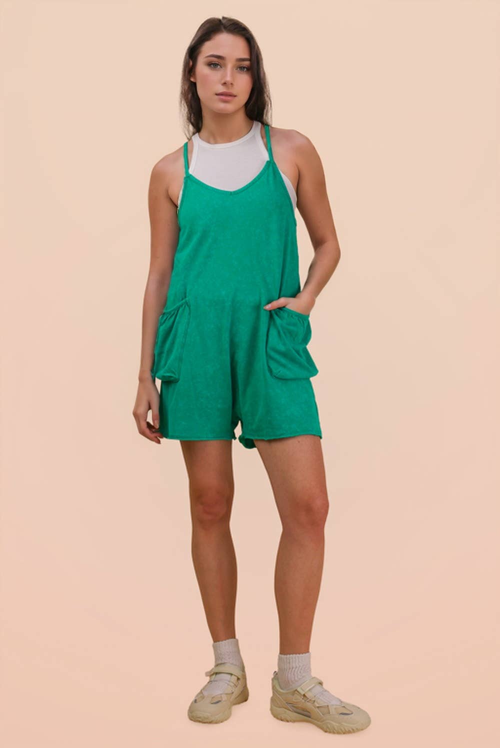 NP70359-Mineral Washed Sleeveless Casual Knit Romper