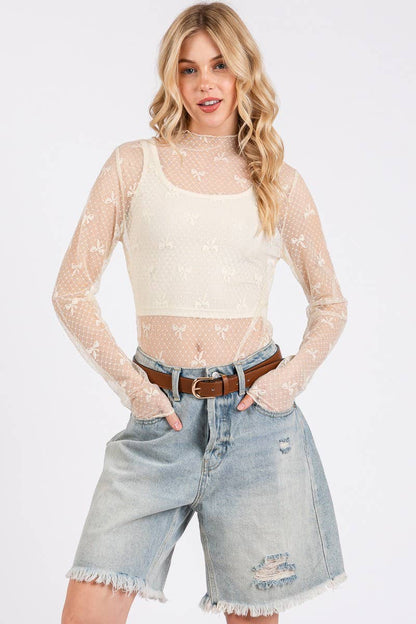 BOW PRINT LONG SLEEVE LACE TOP