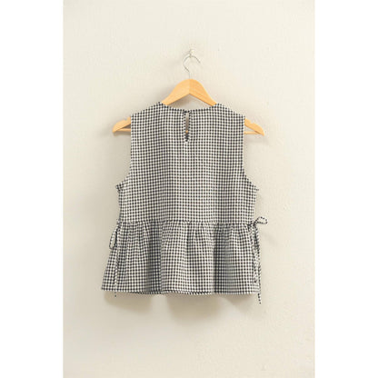 Gingham Sleeveless Peplum Top With Side Ties