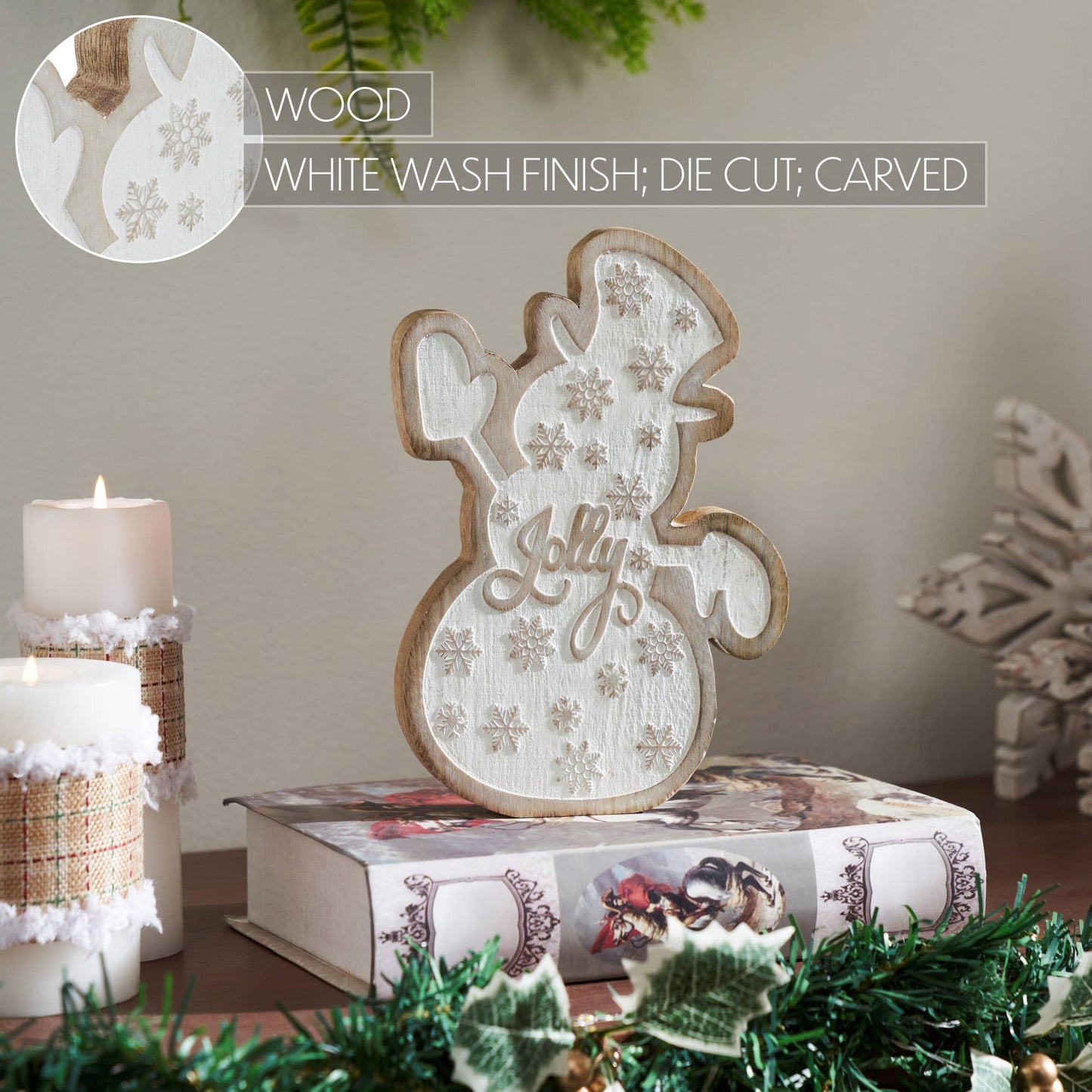 White Washed Jolly Natural Wooden Snowman