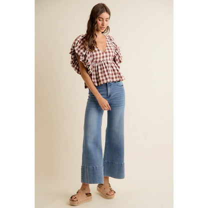 GINGHAM BUBBLE SLEEVES BACK SMOCKED BLOUSE TOP