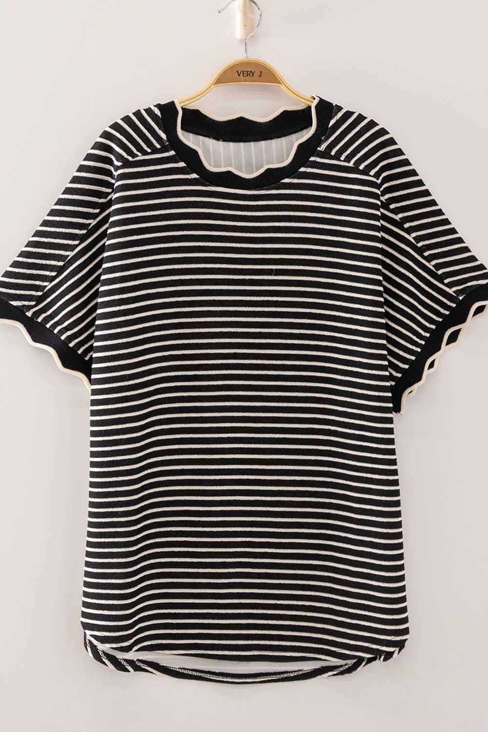 Scallop Trim Stripe Knit Top