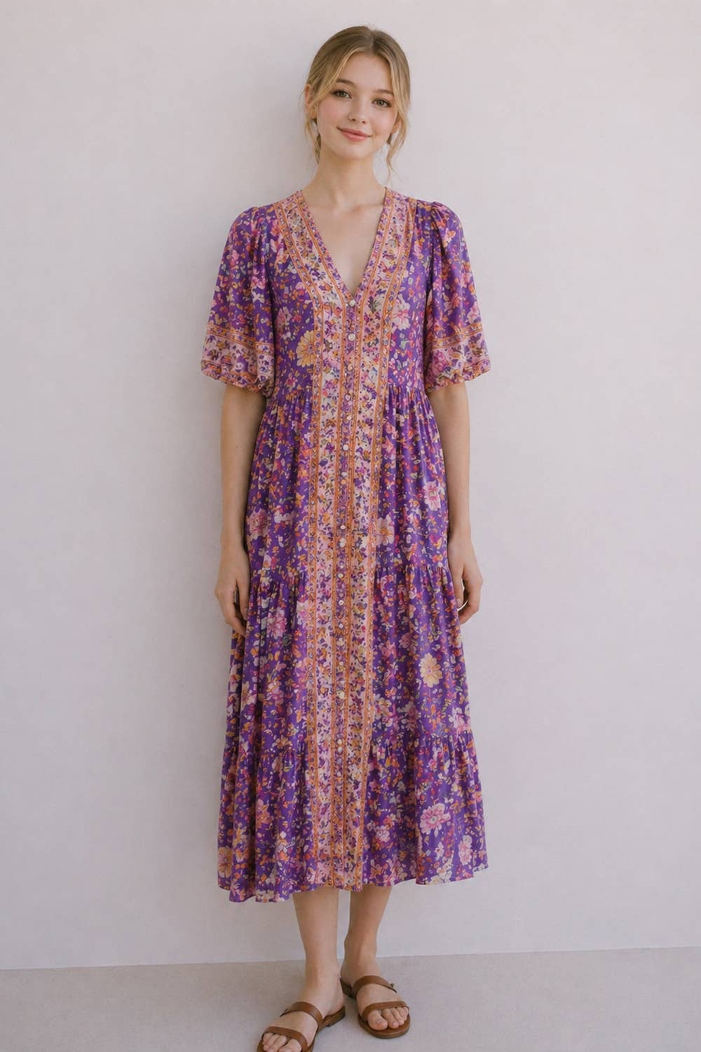 Vintage Boho Floral Button-Front Tiered Midi Dress