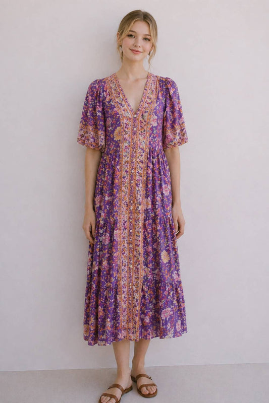 Vintage Boho Floral Button-Front Tiered Midi Dress