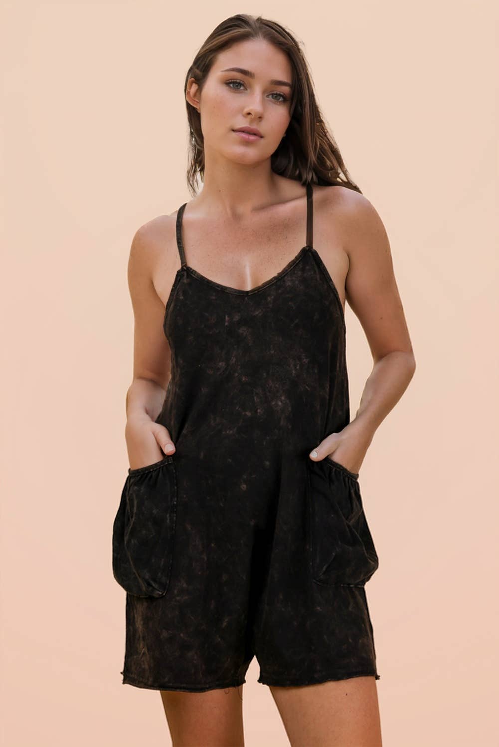 NP70359-Mineral Washed Sleeveless Casual Knit Romper