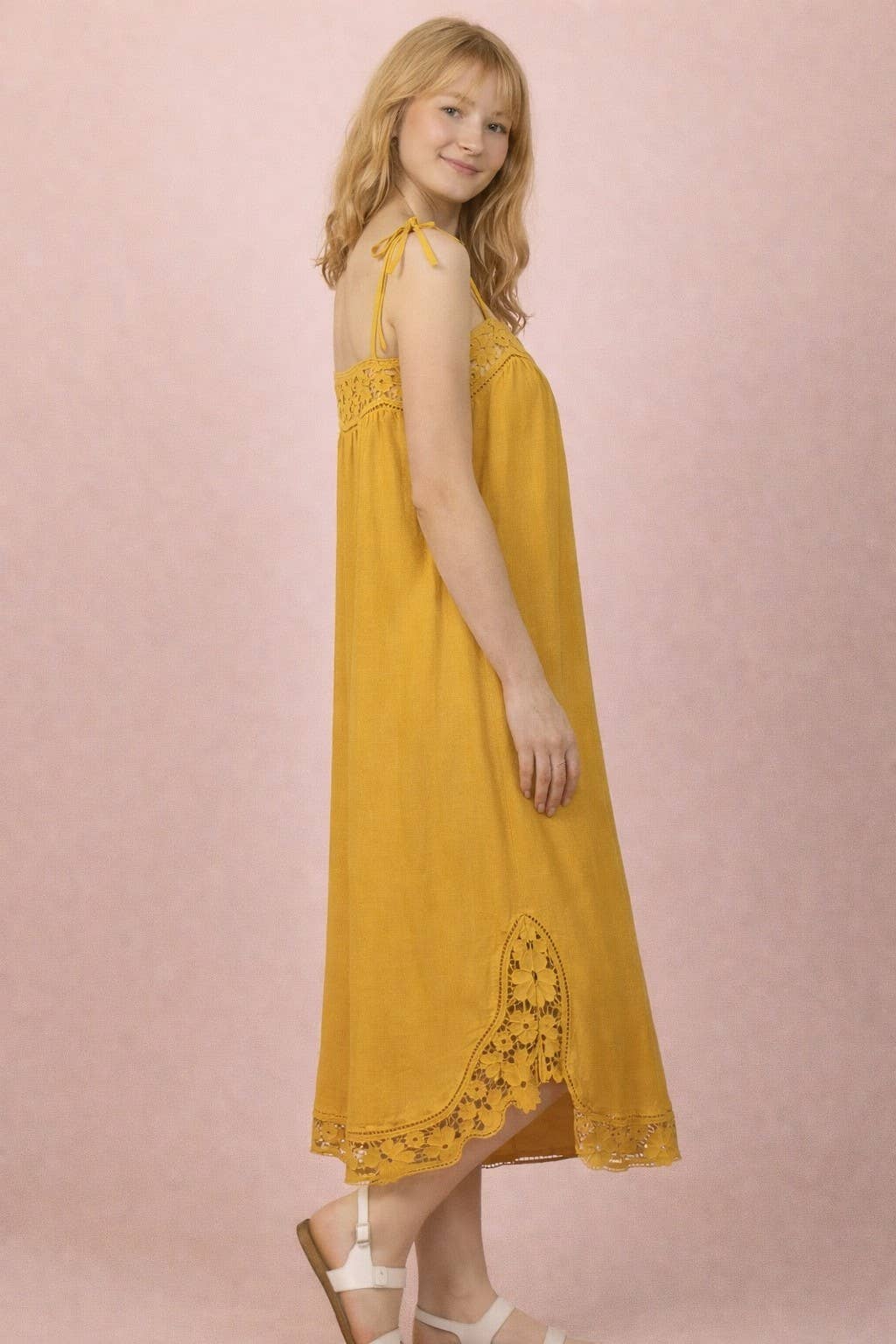 Lace Trim Solid Linen Midi Dress