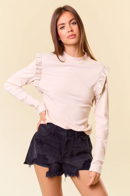 Mock Neck PU Ruffled Long Sleeve Top