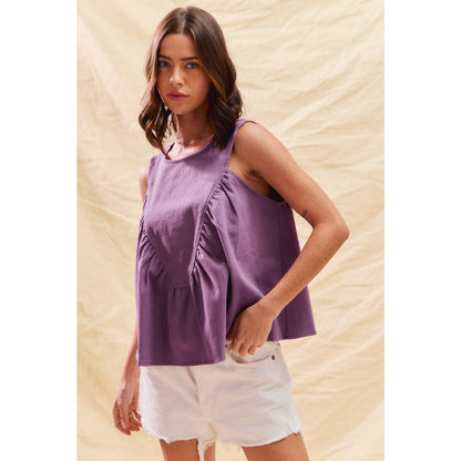 GAME DAY COLOR DENIM RUCHED SLEEVELESS TOP