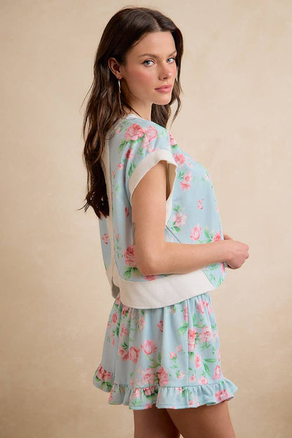 FLORAL PRINTED TERRY OPEN BACK SLEEVELESS TOP