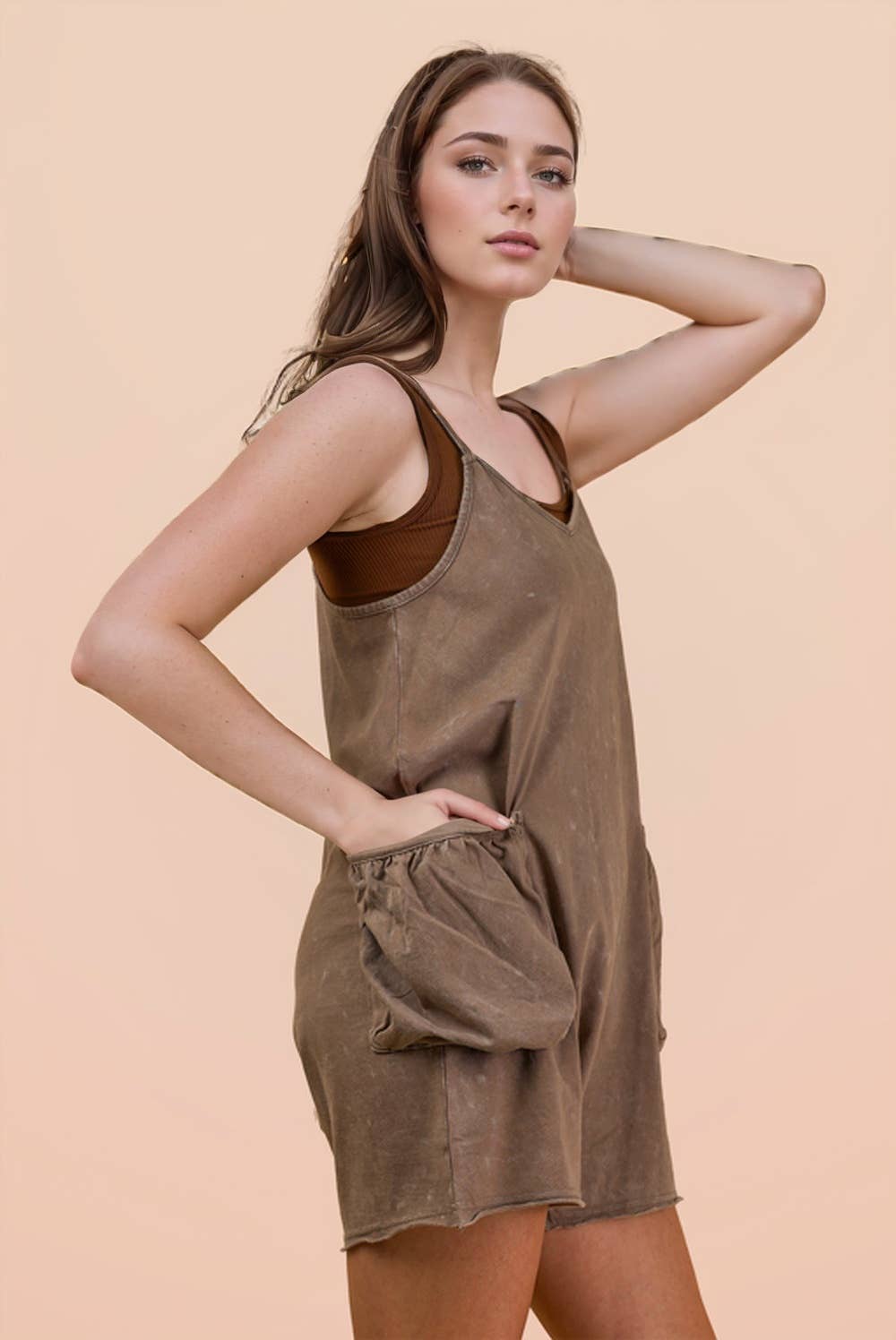 NP70359-Mineral Washed Sleeveless Casual Knit Romper
