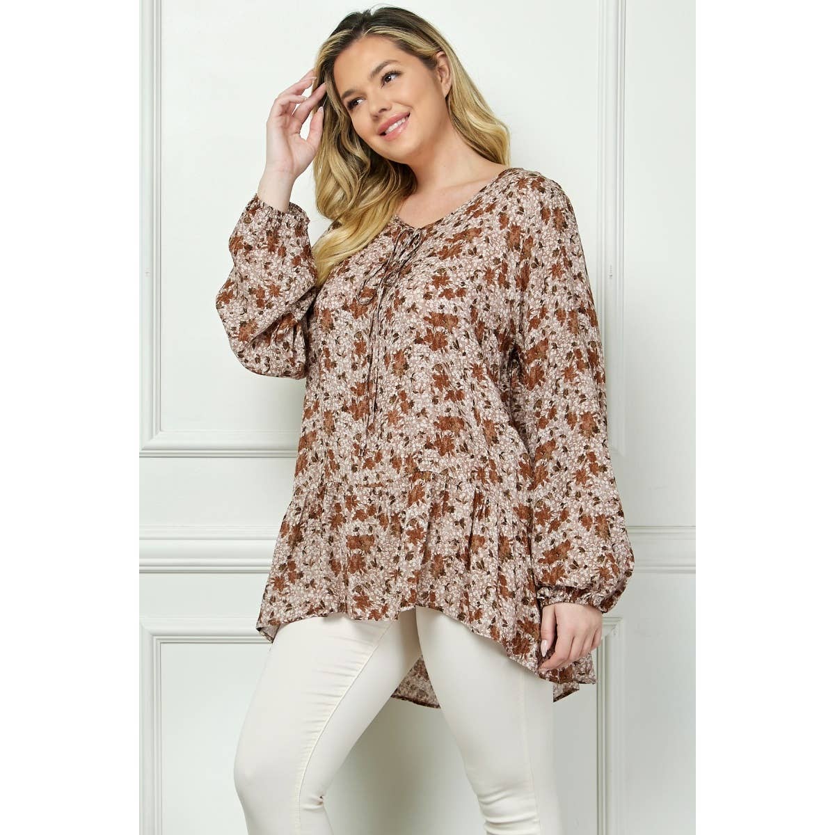 Plus Size Floral Peplum Puff Sleeve Top