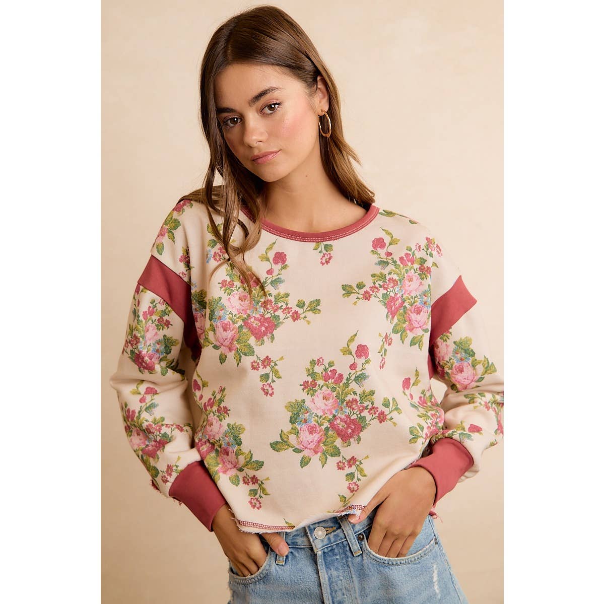 FLORAL BRUSHED OPEN BACK LONG SLEEVES TOP