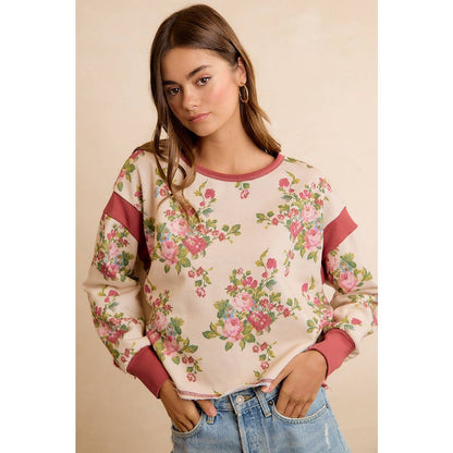 FLORAL BRUSHED OPEN BACK LONG SLEEVES TOP