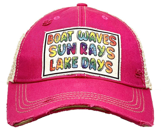 Boat Waves Sun Rays Lake Days Distressed Trucker Hat Cap