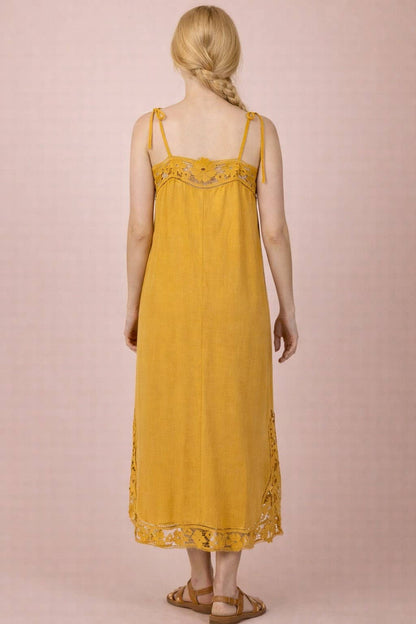 Lace Trim Solid Linen Midi Dress