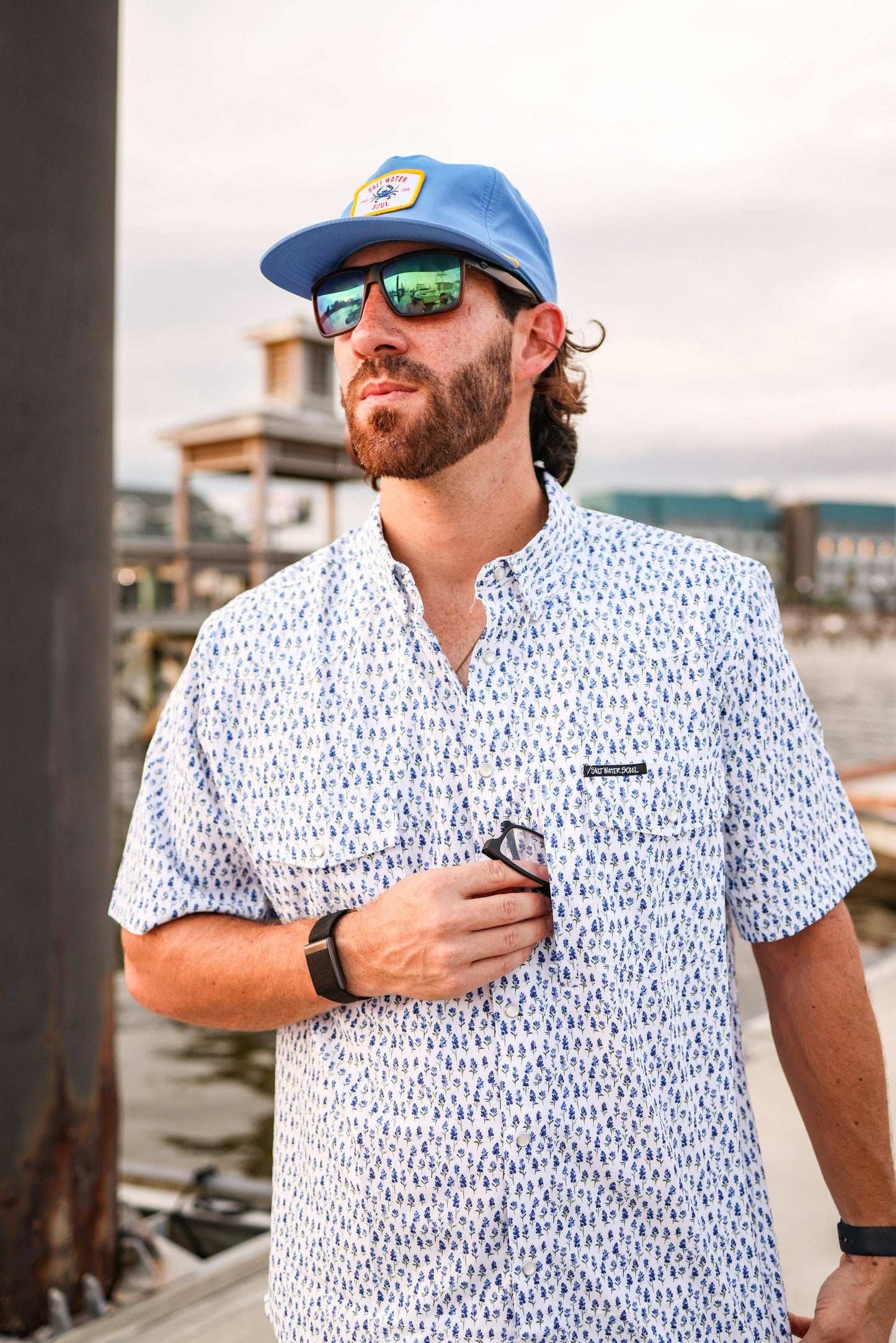 Salt Water Soul Blue Bonnet Pearl Snap Fishing Shirt