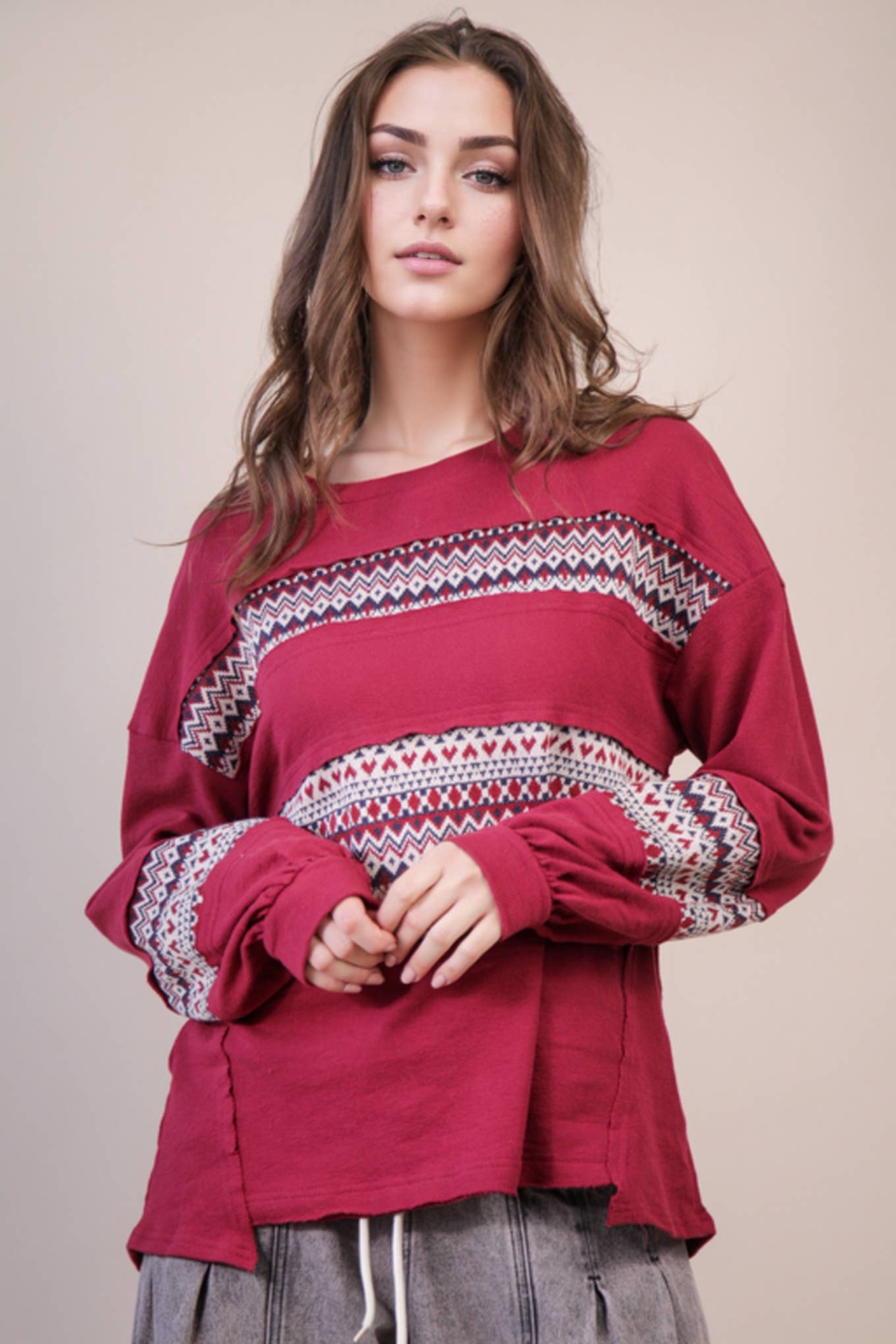 NT11784-Oversized Printed Knit Contrast Knit Top