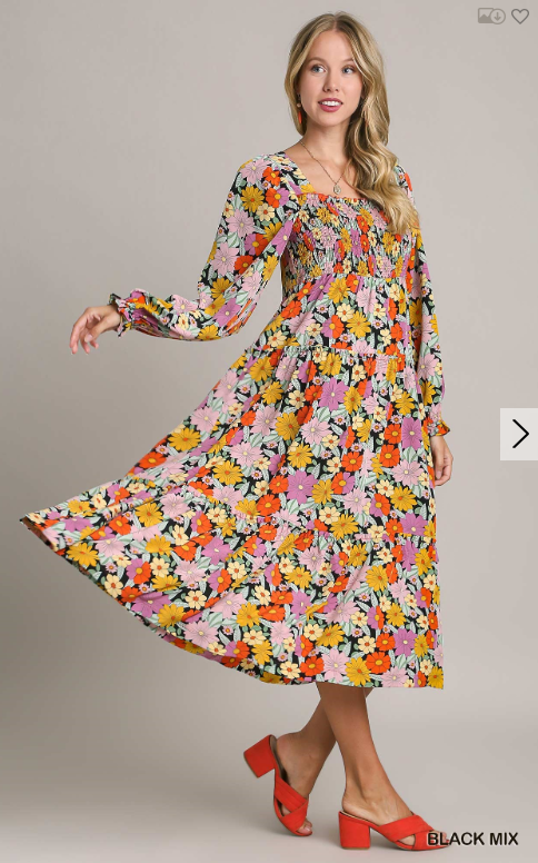 Floral Print Ruffle Cuffed Long Sleeve Square Neckline Smocked Maxi Dress