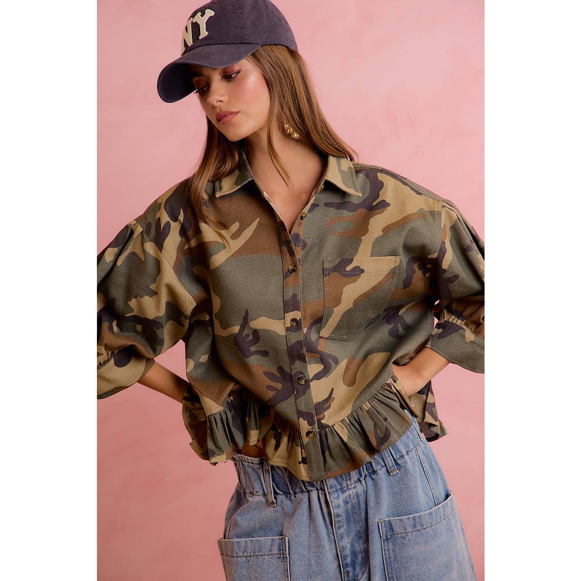 CAMO PRINTED RUFFLED HEM BUTTON DOWN BLOUSE