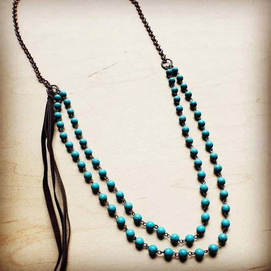 Double Strand Blue Turquoise Beaded Necklace, Leather Tassel
