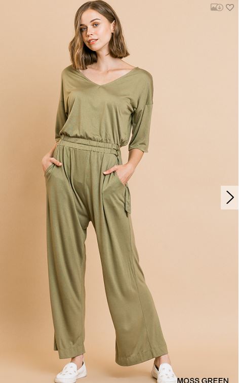 Short Sleeve V-Neck Jumpsuit with Elastic Waist