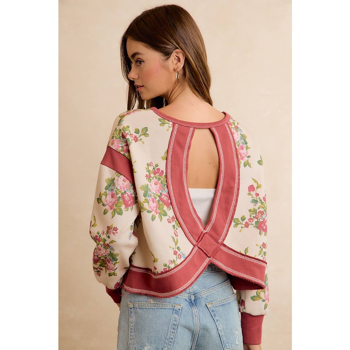 FLORAL BRUSHED OPEN BACK LONG SLEEVES TOP