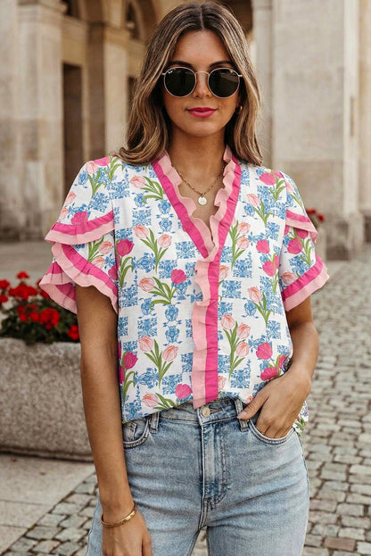 Floral Print Ruffled Trim V Neck Blouse | S-XL