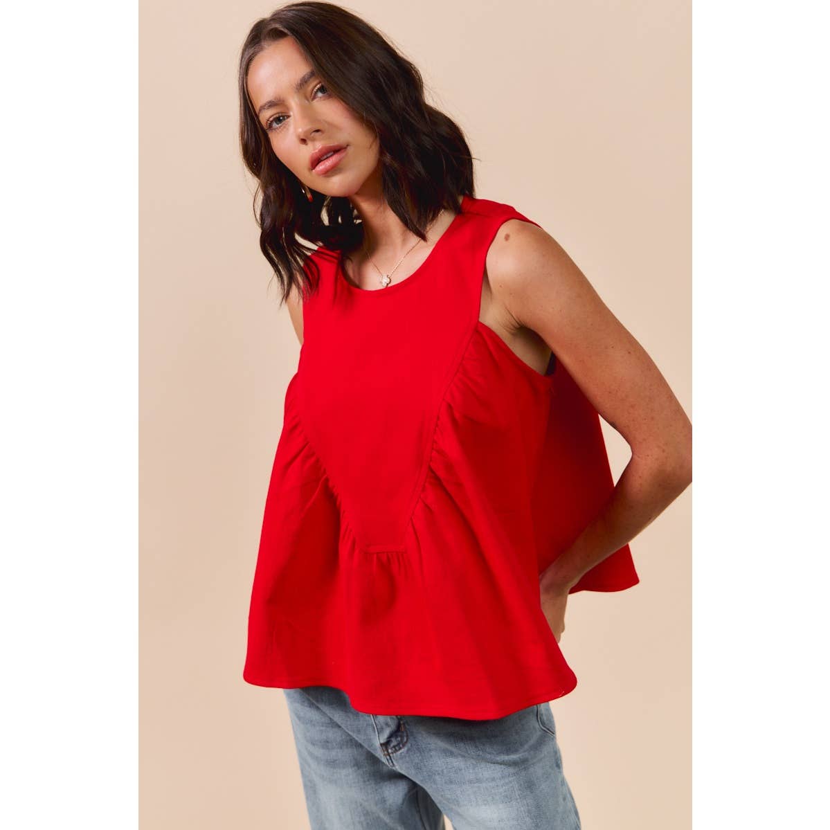 GAME DAY COLOR DENIM RUCHED SLEEVELESS TOP